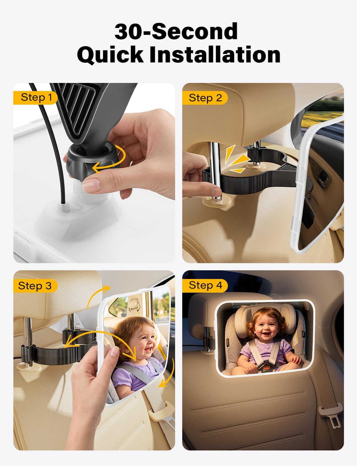 TAZENI Baby Car Mirror - LED Light Baby Car Seat Mirror for Rear Facing with 175° Wide Clear View Anti-Glare, 360° Rotation, Shatterproof, Crash Tested, Safety & Easy Install, espejo para carro bebe