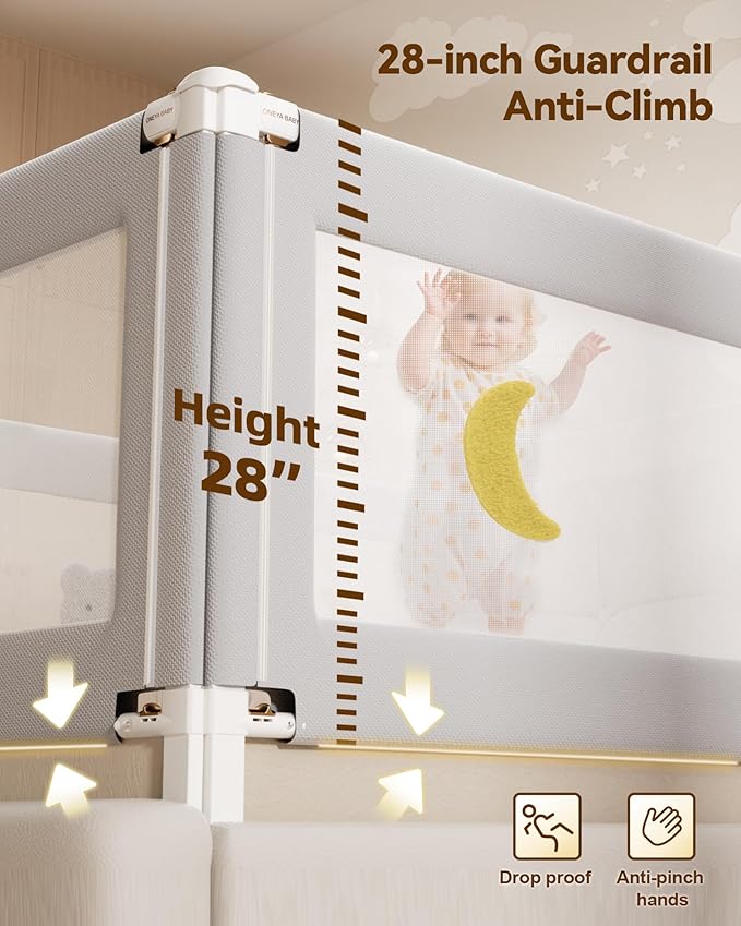 3 Piece Full Size Bed Rails for Toddlers, No-Drill Needed Baby Bed Rail Guard with Height Adjustable, Thickened Child Safety Side Railing Guards/Bedrail for Kids,Grey Bear Cute Design, 54x74.8x74.8in