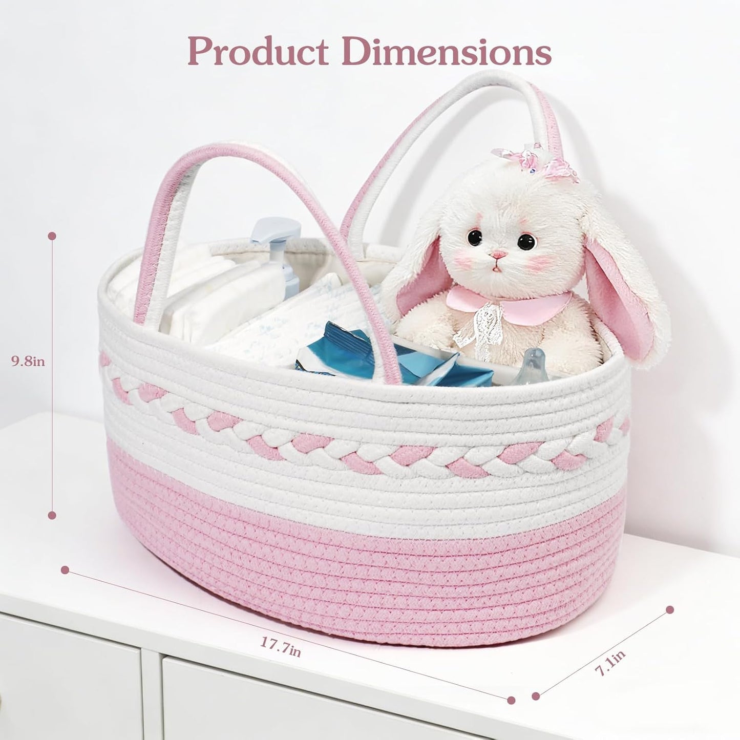Diaper caddy Organizer, Cotton Rope Gift Basket with Removable Divider, Nursery Storage Organizer for Baby Essentials, Changing Table Diaper Storage Caddy (Pink)