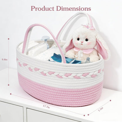 Diaper caddy Organizer, Cotton Rope Gift Basket with Removable Divider, Nursery Storage Organizer for Baby Essentials, Changing Table Diaper Storage Caddy (Pink)