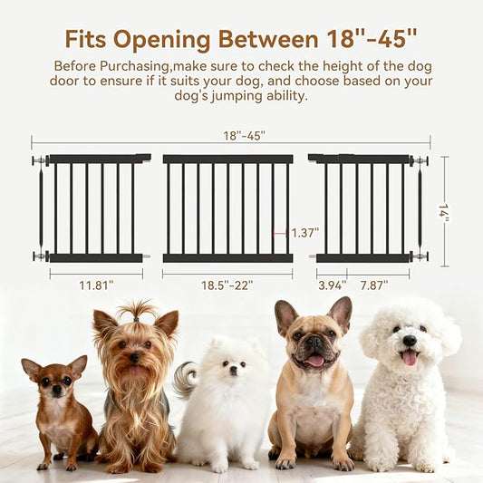 Dog Gate Indoor,18"-45" Adjustable Extra Wide Metal Short Dog Gate to Step Over, 14" Tall Small Pet Gate with 3 Extension Kits, Pressure Mounted for Doorways & Stairs Black