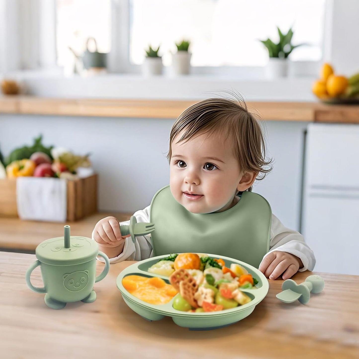 Baby Led Weaning Supplies, 17 Piece BPA-Free Silicone Feeding Set, Eating Essentials Baby Utensils with Suction Plate and Bowl, Pocket Bib, Sippy Cup with Lid, for 6+ Months, Blue