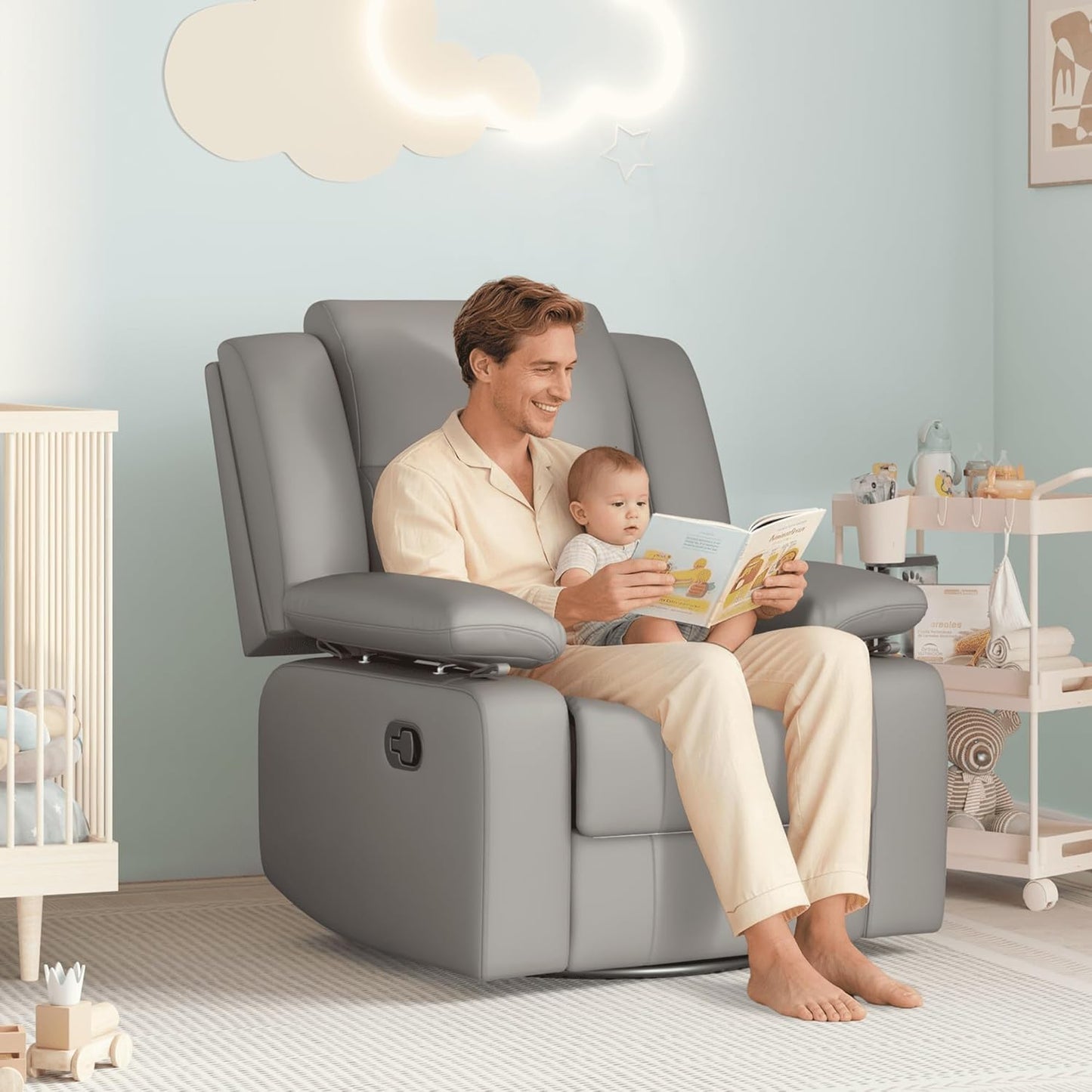 AILEEKISS Nursery Glider Recliner Chair with Adjustable Armrests, Swivel Rocking Recliner for Breastfeeding Moms, 360° Swivel, 30° Rocking, 90°-160° Recline, Easy-Clean Nursery Chair(White)
