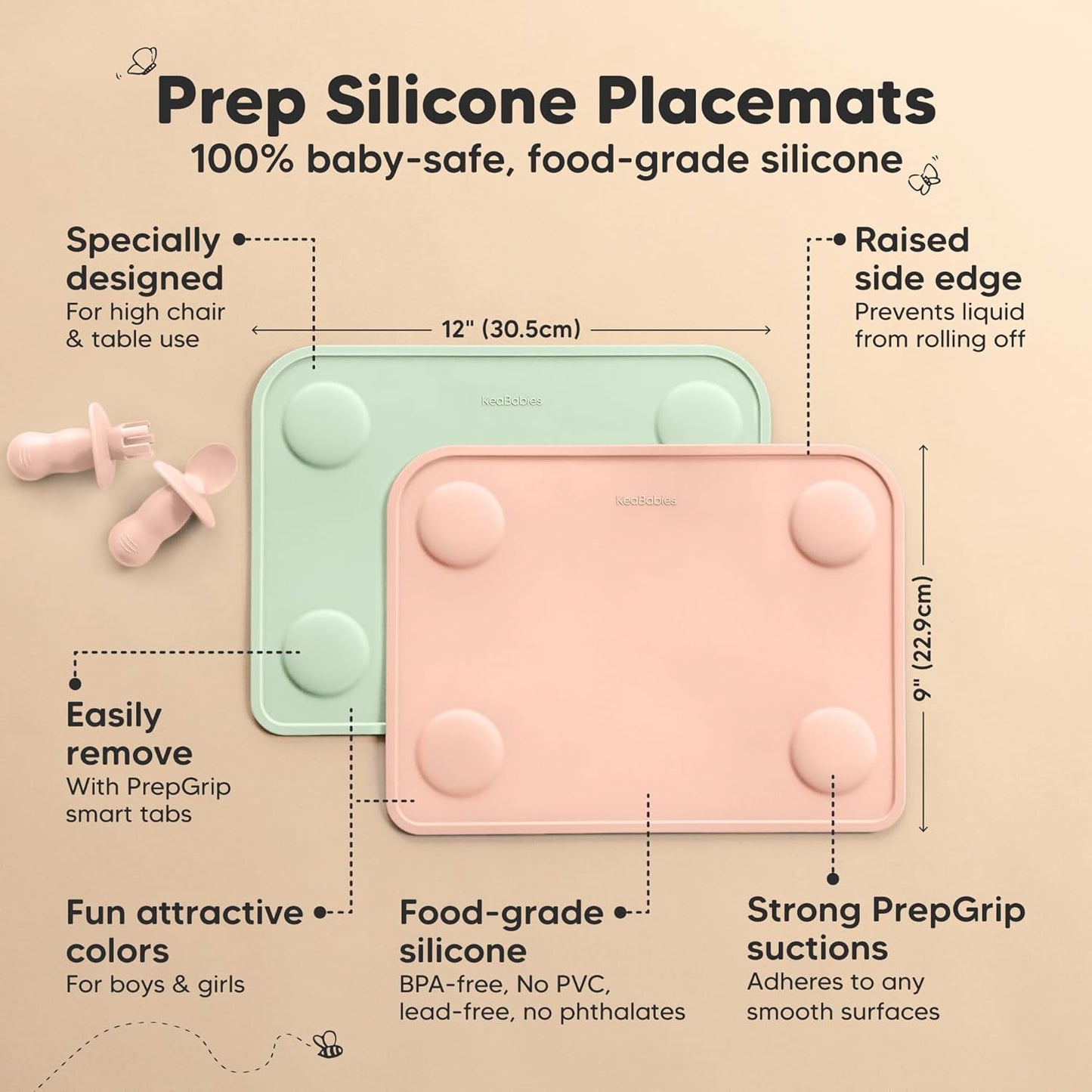 KeaBabies 2pk Silicone Placemats for Toddlers, Kids - 12x9 Non Slip Suction Baby Silicone Placemat for Restaurants, Dining Table,Travel, Easy to Clean, Food Grade/BPA-Free,Small Baby Table Mat(Slate)