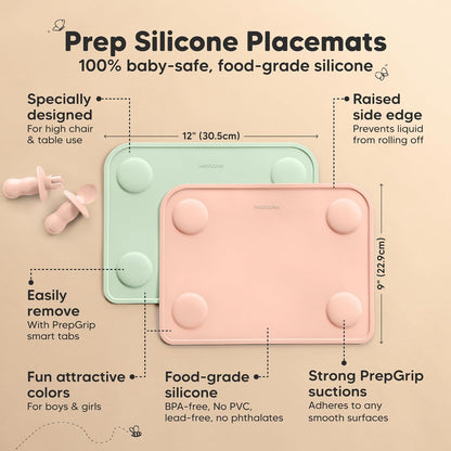 KeaBabies 2pk Silicone Placemats for Toddlers, Kids - 12x9 Non Slip Suction Baby Silicone Placemat for Restaurants, Dining Table,Travel, Easy to Clean, Food Grade/BPA-Free,Small Baby Table Mat(Slate)