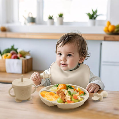 Baby Led Weaning Supplies, 17 Piece BPA-Free Silicone Feeding Set, Eating Essentials Baby Utensils with Suction Plate and Bowl, Pocket Bib, Sippy Cup with Lid, for 6+ Months, Blue