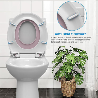 17" White Round Toilet Seat for Adult and Child, Built-In Potty Training Seat with Soft Quiet Close Non-Slip Design, Magnetic Kids Seat and Cover for Round/Oval Toilets, Easy to Install and Clean
