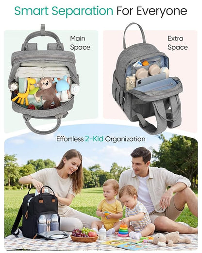 Qualyphant Extra Large Diaper Bag Backpack for Two Kids Twins - Expandable Baby Bag (26-36L), Dual Big Compartments - Includes Changing Pad & Stroller Straps, Unisex Grey