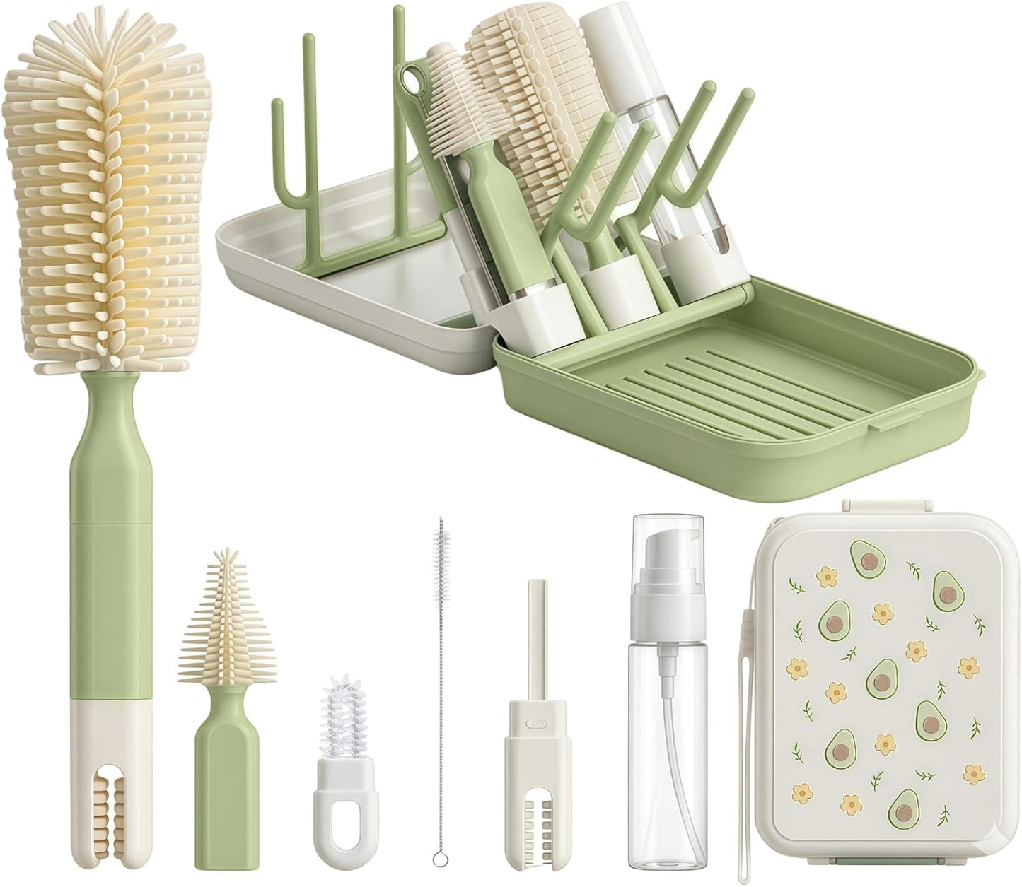 8-in-1 Baby Bottle Brush Set with Drying Rack, Portable Travel Bottle Cleaning Kit, Silicone Cleaner for Newborn Essentials, Nipple & Straw Brush, Soap Dispenser(Pink)