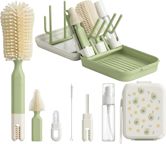 8-in-1 Baby Bottle Brush Set with Drying Rack, Portable Travel Bottle Cleaning Kit, Silicone Cleaner for Newborn Essentials, Nipple & Straw Brush, Soap Dispenser(Pink)