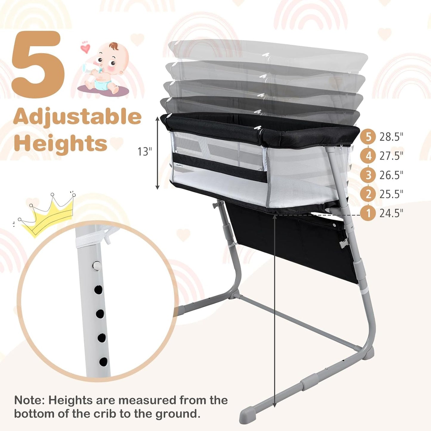 BABY JOY Bassinet, Bedside Crib w/Adjustable Height, Comfy Mattress, Full-Mesh Sides and Storage Pockets for Newborns Infants, Baby Bassinets Bedside Sleeper for Safe Co-Sleeping