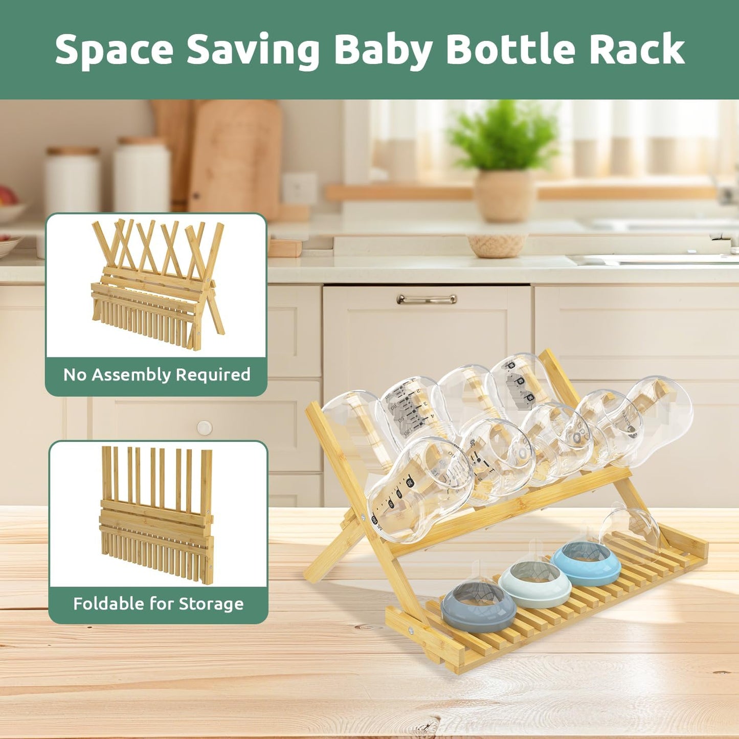 DSVENROLY Baby Bottle Drying Rack Foldable Vertical Bamboo Milk Bottle and Accessories Organizer for Busy Parents, Maximizes Space, Quick Drying, Easy Cleanup & Storage (Bamboo)