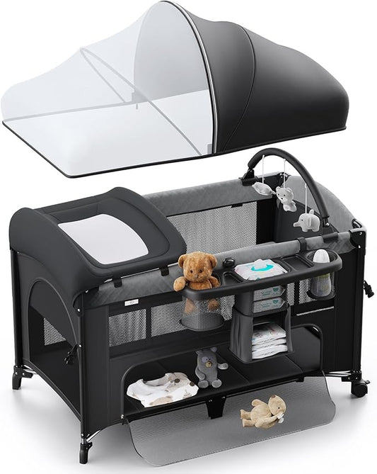 Obee Odee 4 in 1 Baby Bassinet, Pack and Play, Bedside Crib Sleeper, Diaper Changer - Comes with Mattress, Mosquito Net，Bottom Storage and Toy Bar for Newborn to Toddles