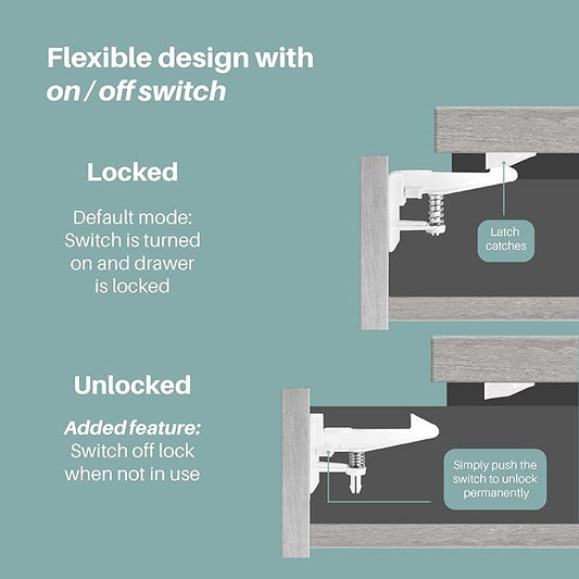 Inaya Cabinet Locks Child Safety Latches (Pro Extended) - Baby Proofing Cabinets & Drawers Locks - Child Proof Your Home - No Drilling & No Tools Required! (12 Pack)