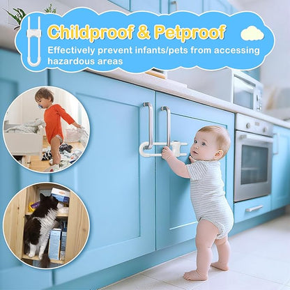 Modacraft 10 Pcs Sliding Cabinet Latches, U Shaped Cabinet Door Locks, Baby Cabinet Safety Latches for Baby Proofing, No Drilling Tool-Free Installation Easy to Use for Knobs or Handle Double Door