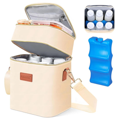 PIIOSER Breastmilk Cooler Bag with Ice Pack Fits 6 Baby Bottles Up to 9 Ounce, Insulated Baby Bottle Tote Bags, Double Layer Waterproof Leak-Proof with Shoulder Strap for Nursing & Working Mom (Grey)