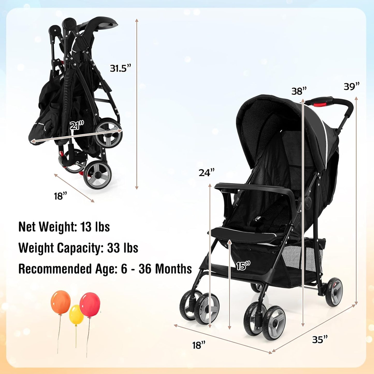 Baby Joy Lightweight Stroller, Compact Toddler Travel Stroller for Airplane, Infant Stroller w/Adjustable Backrest/Footrest/Canopy, 5-Point Harness, Storage Basket, Easy One-Hand Fold (Gray)