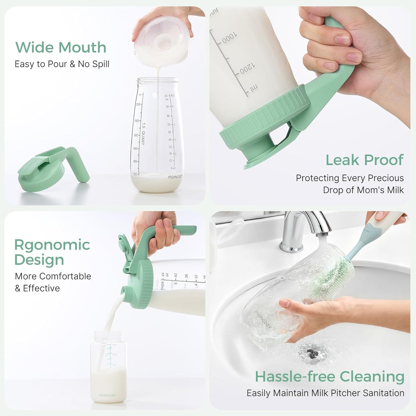 Momcozy Breast Milk Pitcher, Resistant to Heat and Cold Abrupt Temp Swings, No Leak Glass Breast Milk Fridge Storage Container with Wide Mouth, Fast Baby Formula Maker, Green