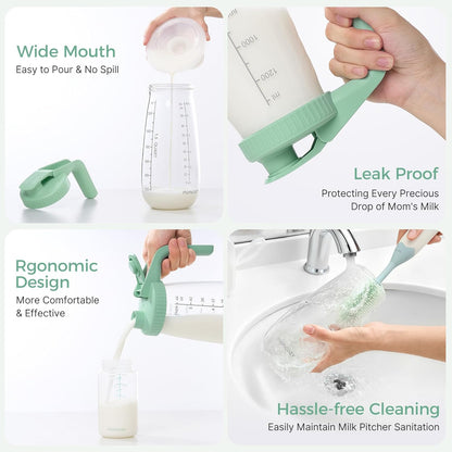 Momcozy Breast Milk Pitcher, Resistant to Heat and Cold Abrupt Temp Swings, No Leak Glass Breast Milk Fridge Storage Container with Wide Mouth, Fast Baby Formula Maker, Green