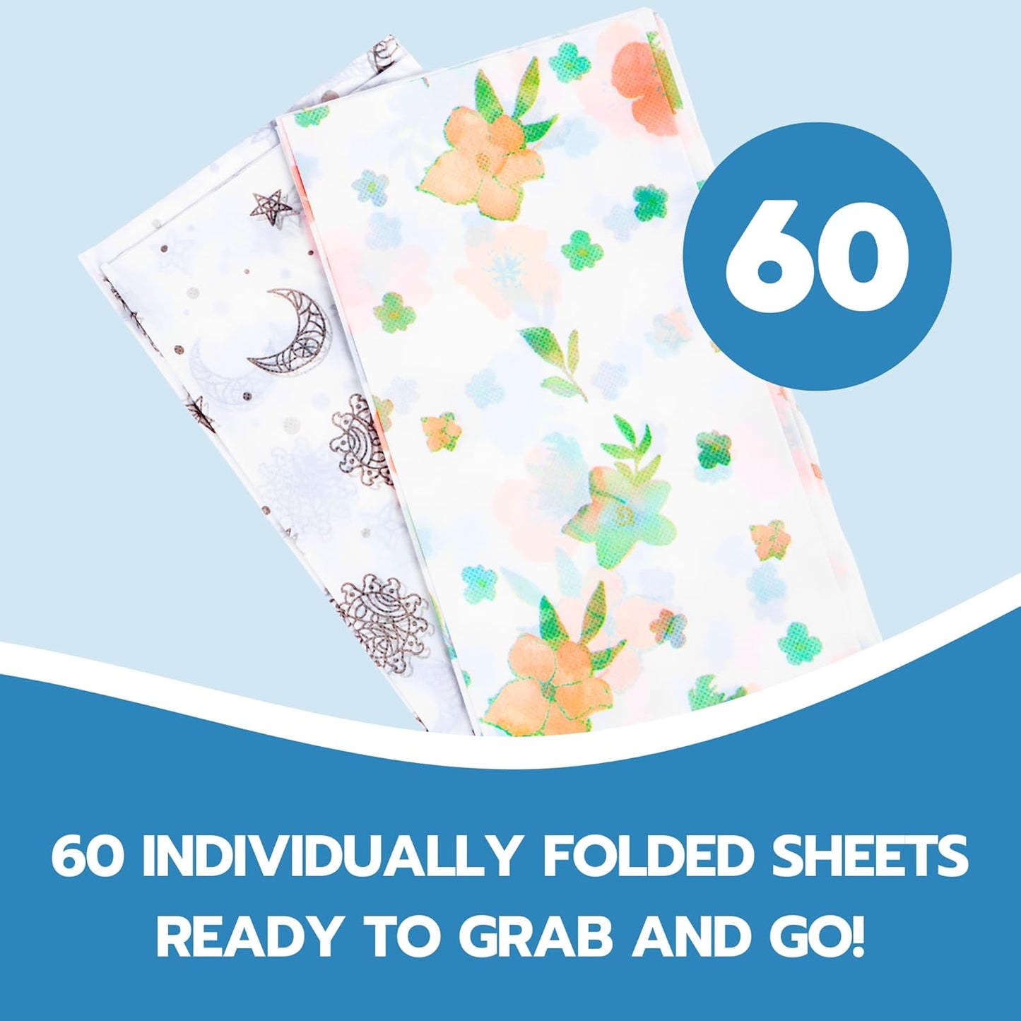 30 Pack Disposable Splat Mats by Eli with Love - Extra Large 49"x49" 100% Waterproof Baby Splat Mat for Under High Chair - Plastic Mat Liner for Floor - Protect from Spills (Moon & Stars, 30 Pack)