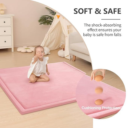 Huloo Sleep Baby Play Mat for Floor,1.3" Thick Elasti-Foam 50x50 Playpen Mat for Toddlers Infant Kids,Water-Repellent Soft Coral Velvet Tummy Time Mats,Non Slip Crawling Mats,Tatami Style(Pink)
