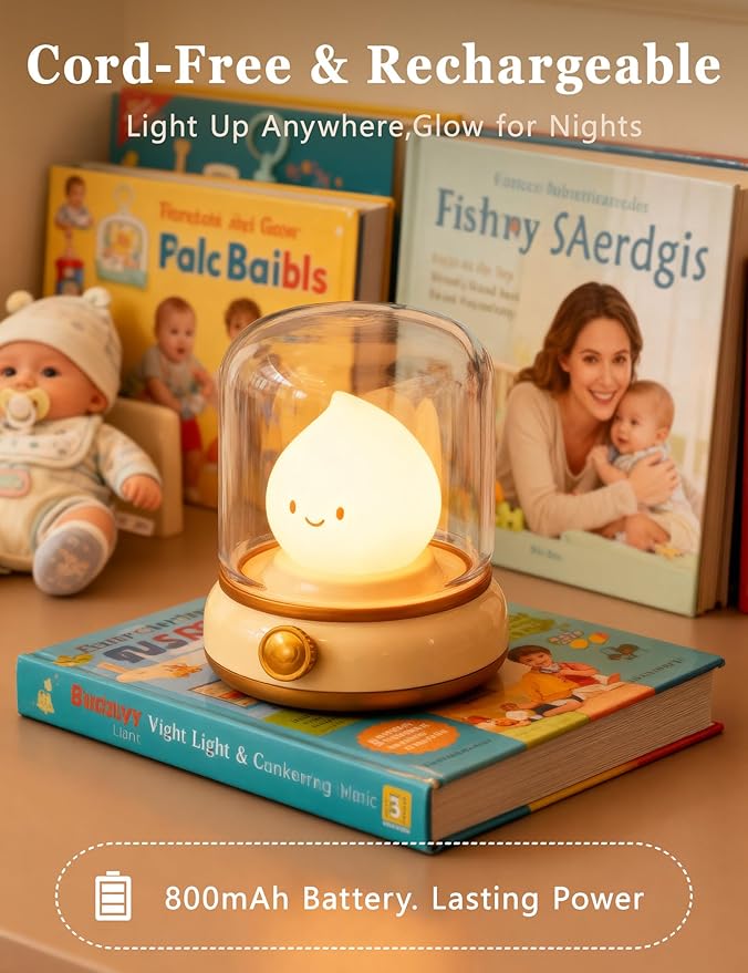 Smiley Night Light for Baby Nursery, Rechargeable LED Candle Lamp, Dimmable Eye, Caring Mood Light with Timer, Cute Portable Nightlight Gift for Mom, Kids, Toddler, Bedroom & Decor