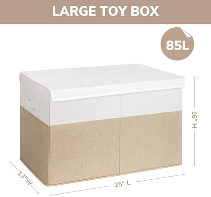 INDRESSME Large Toy Box with Lid, Collapsible Toy Storage Organizer Chest with Divider, Foldable Toy Bin for Kids Boys Girls Playroom Nursery Bedroom Living Room 25"x16"x13" (Beige & White)