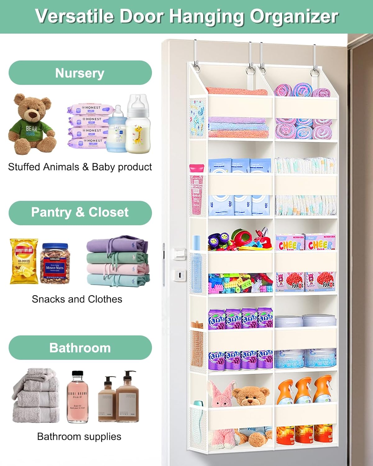 Heavy Duty Over The Door Organizer 5 Tiers, Extra Large Behind Door Storage of 10 Big Front & 10 Mesh Pockets, 80lb Weight Capacity, Hanging Doors Storage Organizer for Closet Bedroom Nursery, Grey