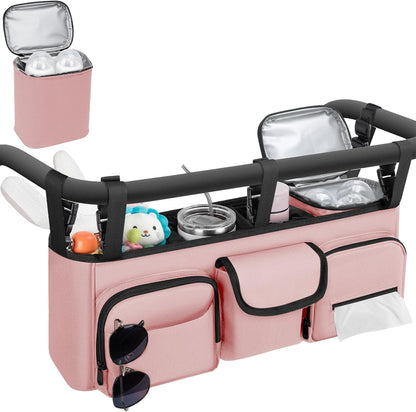 GDNasist Double Stroller Organizer Compatible with Bob Duallie and Baby Jogger City Mini GT2, Double Baby Stroller Accessories with Cooler Bag, Parent Console Double Jogging Stroller Caddy, Black
