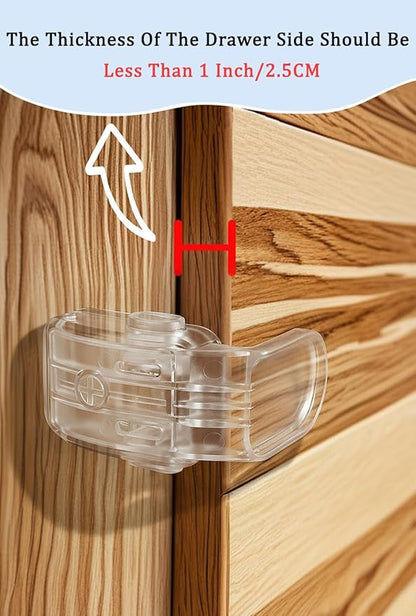Maveek Drawer Baby Proofing, Baby Proof Kitchen Drawer Lock, Corner Furniture Latch For Pull-Out Dresser Storage Cabinet Nightstand Bathroom Vanity With Drawers, For 0-12 Month Toddlers Safety (Clear)