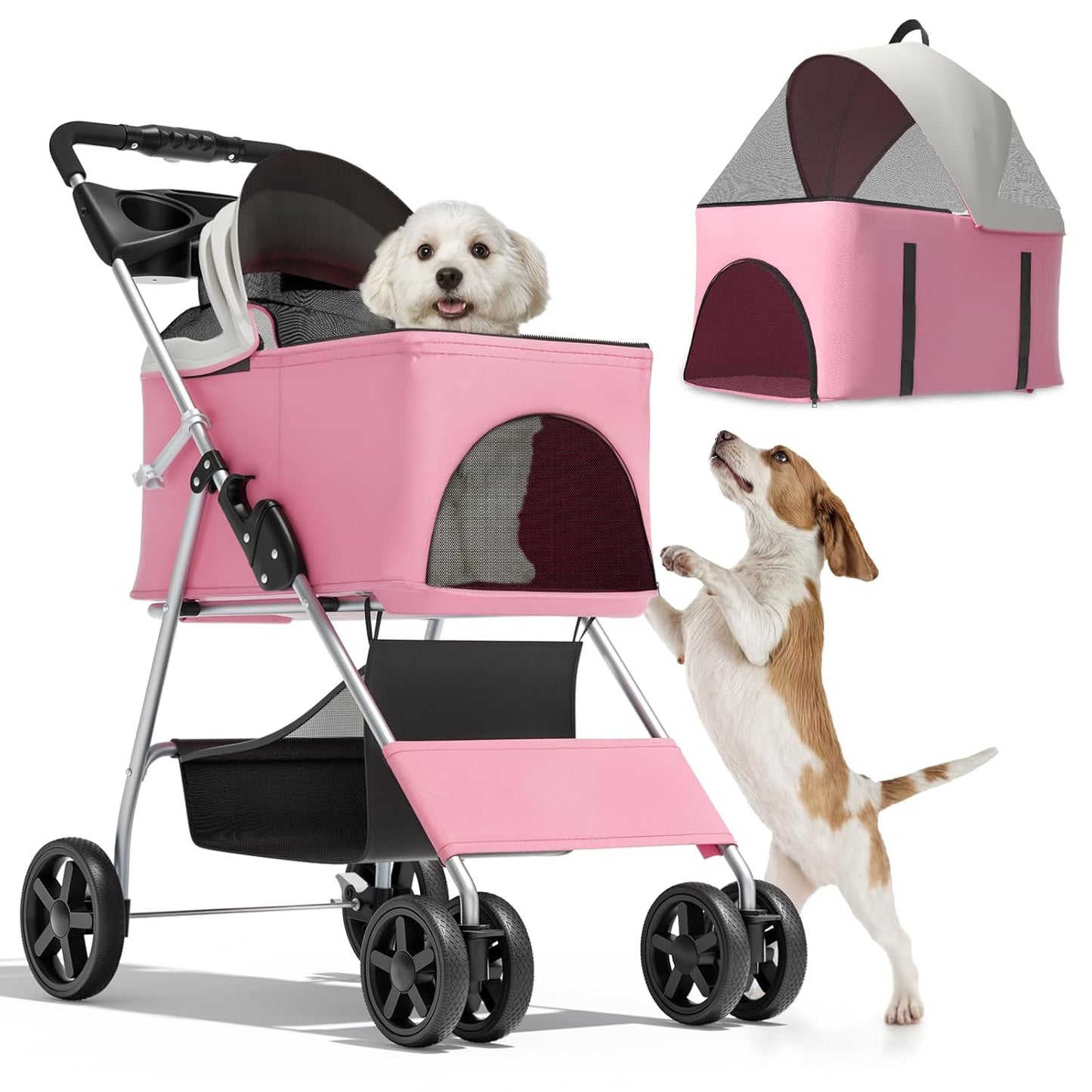 Magshion Compact Pet Stroller for Small-Medium Dogs/Cats up to 22lbs, 4-Wheel Lightweight Umbrella Shaped Portable Puppy Travel Jogger with Breathable Mesh, Cup Holder & Rear Storage, Black