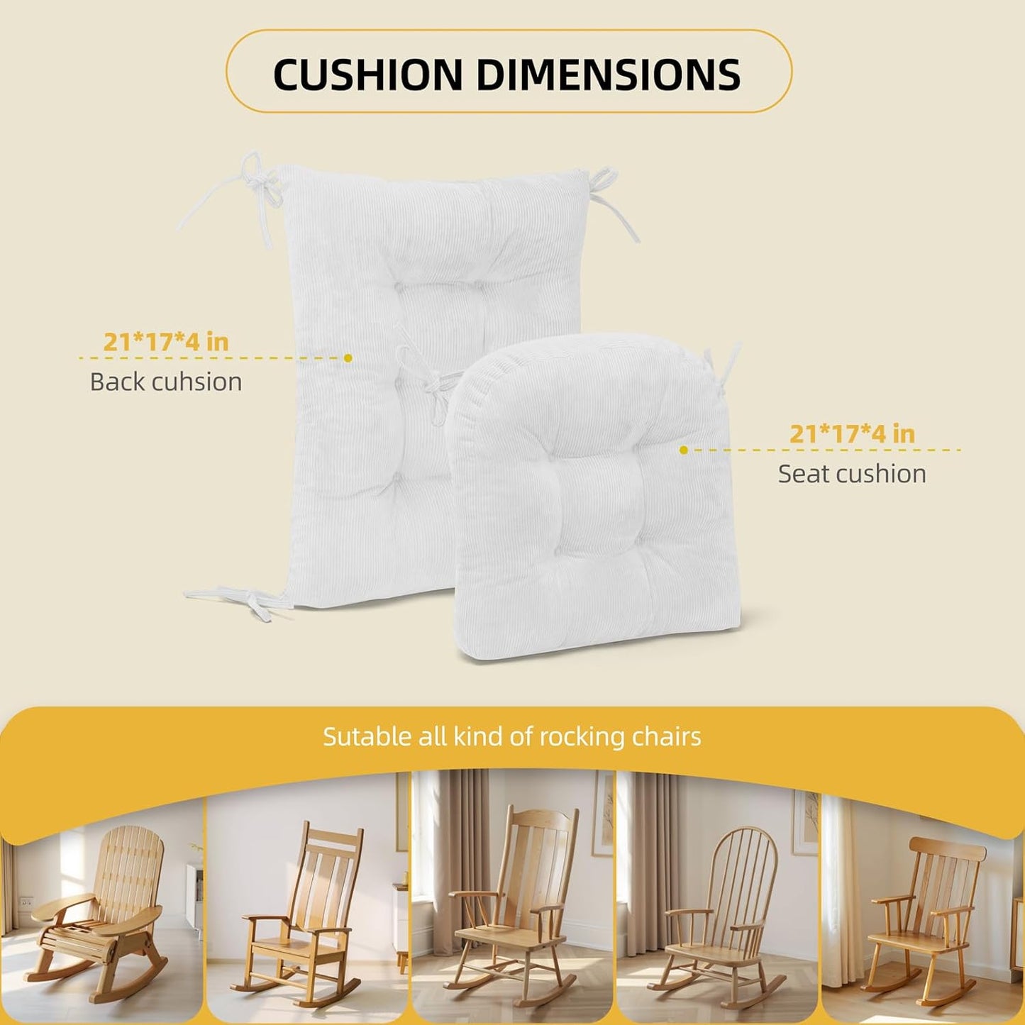 Millsilo Rocking Chair Cushions 3-Piece Set with Neck Pillow, Indoor Rocker Comfortable Tufted Non-Slip Pads with Ties, High-Density Foam Cushion for Adirondack Glider Chair, Orange, 52 x 19 x 4 Inch