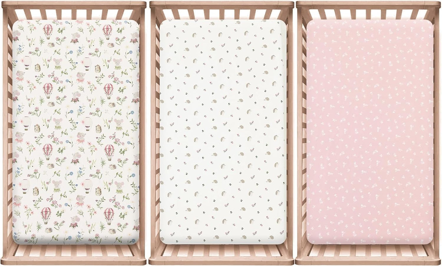 PHF 3 Pack Soft Mini Crib Sheets, Floral & Animal Pack N Play Sheets for Baby Boys Girls, No Slip Universal Fit for Pack N Play, Playard, Portable and Mini Crib Mattresses,Floral & Animal