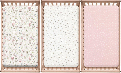 PHF 3 Pack Soft Mini Crib Sheets, Floral & Animal Pack N Play Sheets for Baby Boys Girls, No Slip Universal Fit for Pack N Play, Playard, Portable and Mini Crib Mattresses,Floral & Animal