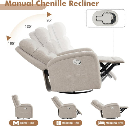 Power Swivel Rocker Recliner Chair for Nursery, Swivel Reclining Rocking Chairs, Electric Glider for Living Room, Upholstered Recliner Chairs for Bedroom, Corduroy White
