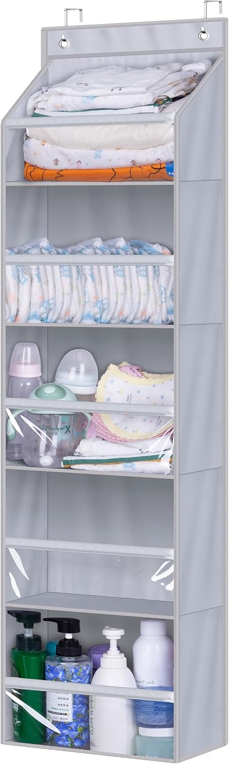 AOODA 2 Pack Over the Door Organizer, Large Capacity Closet Door Hanging Organizer, Clear Deep Pockets Baby Storage for Nursery, Bathroom, Bedroom, Pantry, Diapers (Light Yellow)