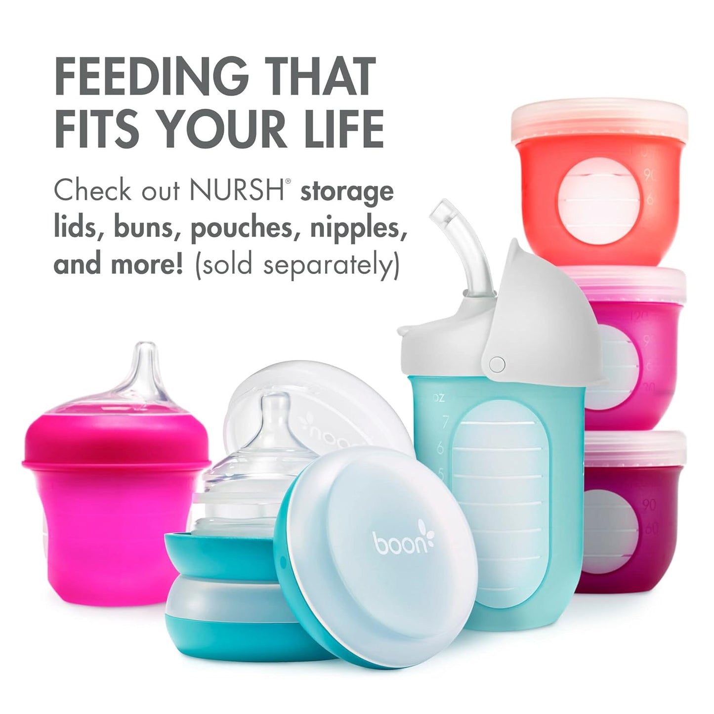 Boon Nursh Reusable Silicone Pouch Baby Bottles - Slow Flow Nipple - Silicone Baby Bottle Pouch and Nipple - Baby Feeding Essentials - Speckle - 0-3 Months - 3 Count - 4 Ounce