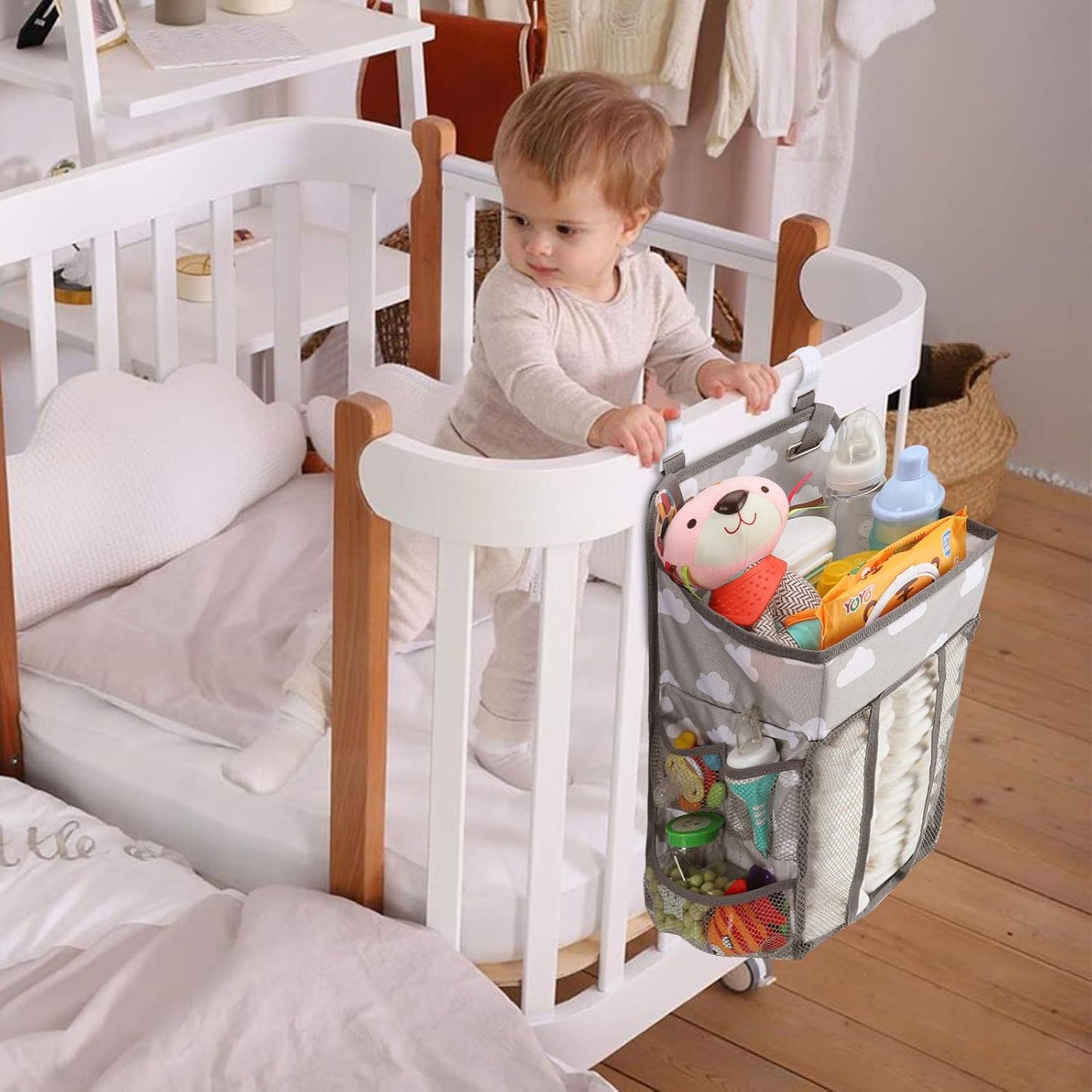 Accmor Hanging Baby Diaper Caddy Organizer, Diaper Stacker, Baby Crib Hanging Classified Storage Bag Organizer for Changing Table, Crib, Playard or Wall & Nursery Organization, Grey