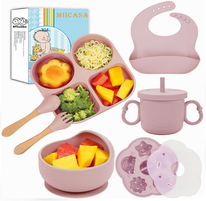 Silicone Baby Feeding Set, Baby Led Weaning Supplies, Baby Food Tableware Silicone Suction Plate, Bowl, Spoons, Fork, Waterproof Bib, Cup & Complementary Food Cake Mold, Baby Eating Utensils