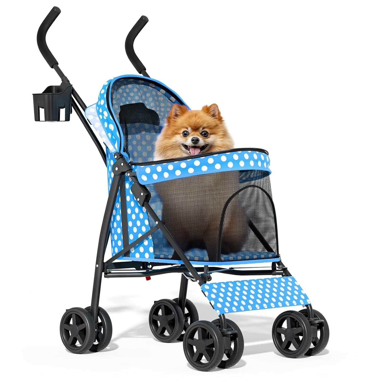 MoNiBloom 4 Wheels Pet Stroller, Easy-Fold Puppy Cage Jogger Stroller with Sun Cover, Pad and Rear Storage Bag, Breathable and Visible Mesh for Small/Medium Pets up to 22 lbs, Black