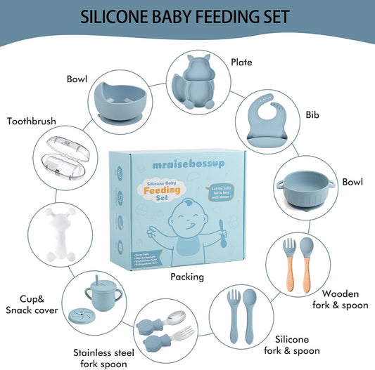 Silicone Baby Feeding Set 15 Pcs，Baby Spoons Suction Bowl Divided Plate Bib Cup Finger Brush Training cups,Baby Led Weaning Supplies,Baby Plates，Toddler Feeding Plates and Bowls Set（purple）