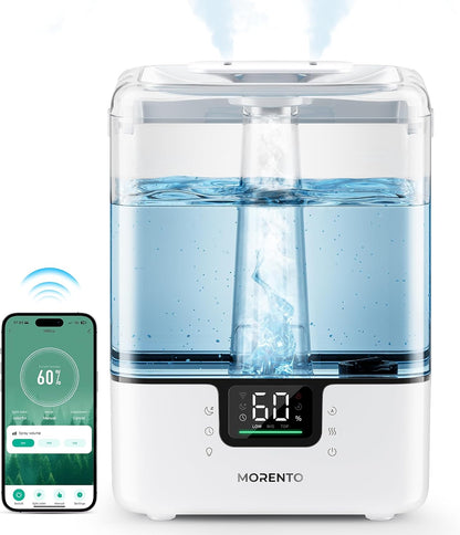 MERONTE Smart Humidifiers for Bedroom Large Room Home, 6L Cool Mist Top Fill Humidifier with Essential Oil Diffuser, Smart App & Voice Control, for Nursery & Plants, Black, 1 Pack + 7 Color NightLight