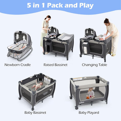 INFANS 4 in 1 Pack and Play, Portable Nursery Center for Baby Kid Infant, Travel Playard with Bassinet, Mattress, Diaper Changer, Bag, Music Box, Storage Basket (Pink)