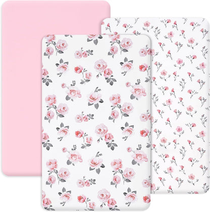 PHF 3 Pack Soft Mini Crib Sheets, Floral & Animal Pack N Play Sheets for Baby Boys Girls, No Slip Universal Fit for Pack N Play, Playard, Portable and Mini Crib Mattresses,Floral & Animal