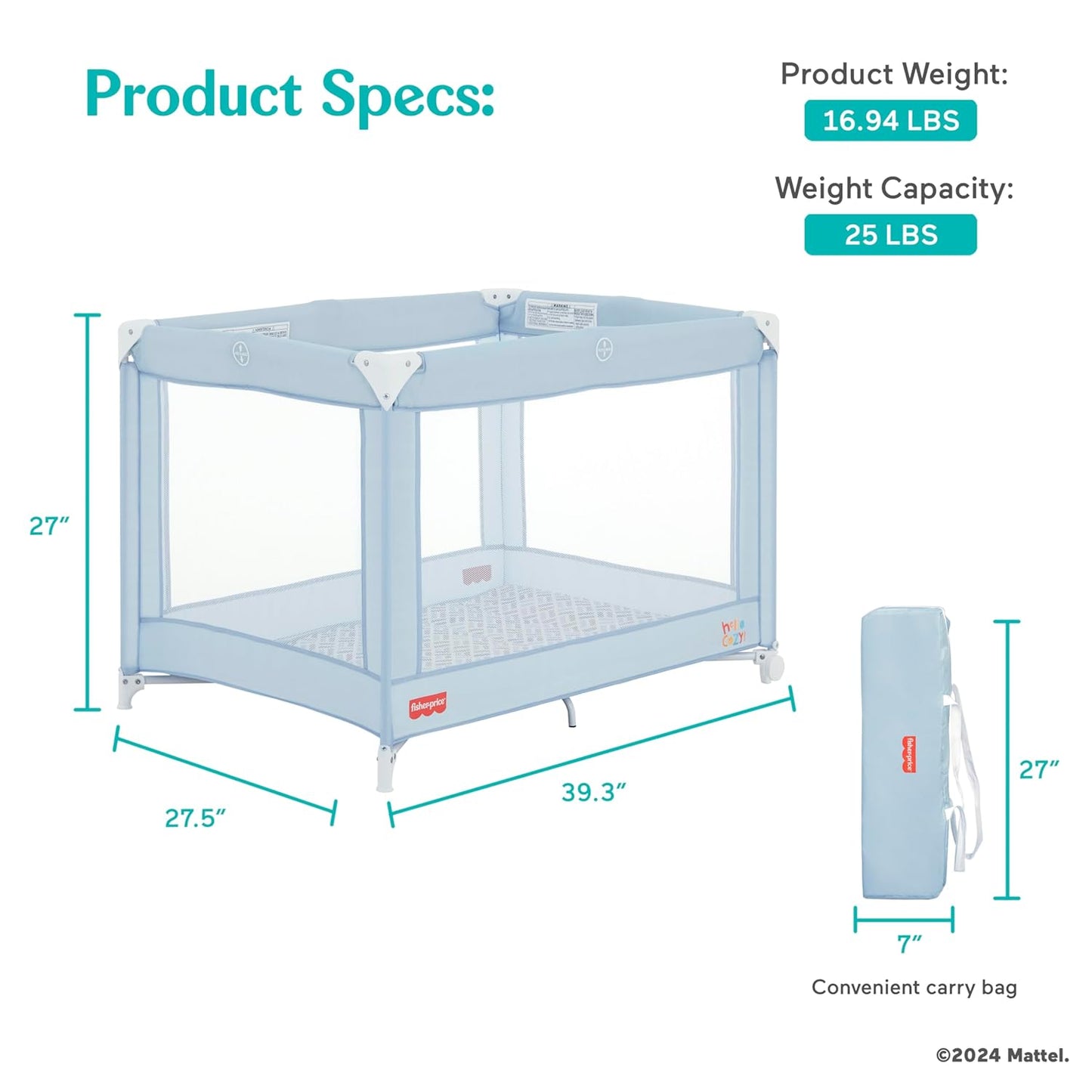 Dream On Me Fisher-Price Play All Day Portable Playard, ASTM Certified, Ideal for Babies & Toddler, One-Hand Fold, Breathable Mesh, Travel Playard with Carry Bag, Easy to Clean - Moonmist
