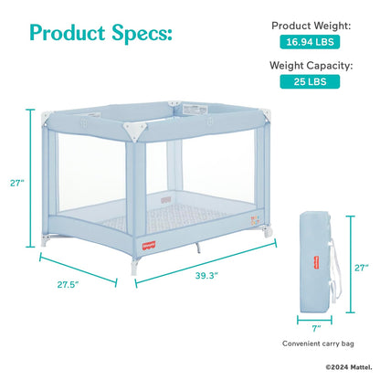 Dream On Me Fisher-Price Play All Day Portable Playard, ASTM Certified, Ideal for Babies & Toddler, One-Hand Fold, Breathable Mesh, Travel Playard with Carry Bag, Easy to Clean - Moonmist