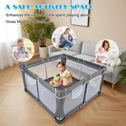 Foldable Baby Playpen,PlayPens for Babies and Toddlers，Indoor Outdoor Safety Play Area, Portable Child Activity Large Collapsible Play Yard，Folding Fence (Cationic Fabric-Grey, 50"x50")