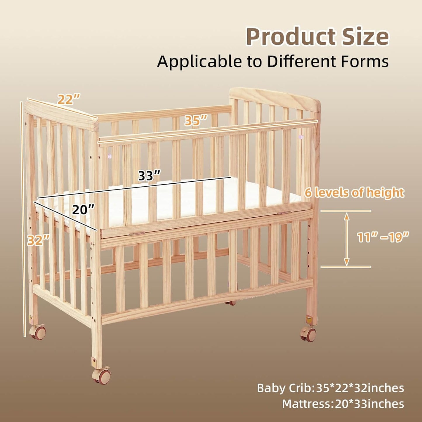 Flwrgirl Baby Bassinets Bedside Sleeper - Portable Pine Wood Bedside Bassinet with Mattress,3 Heights Small Mini Crib,Baby Crib for Newborns,Unpainted | Pine Wood Bassinet, Mattress Included, 3-IN-1 Convertible, Adjustable Height, Locking Wheels, Portalbe