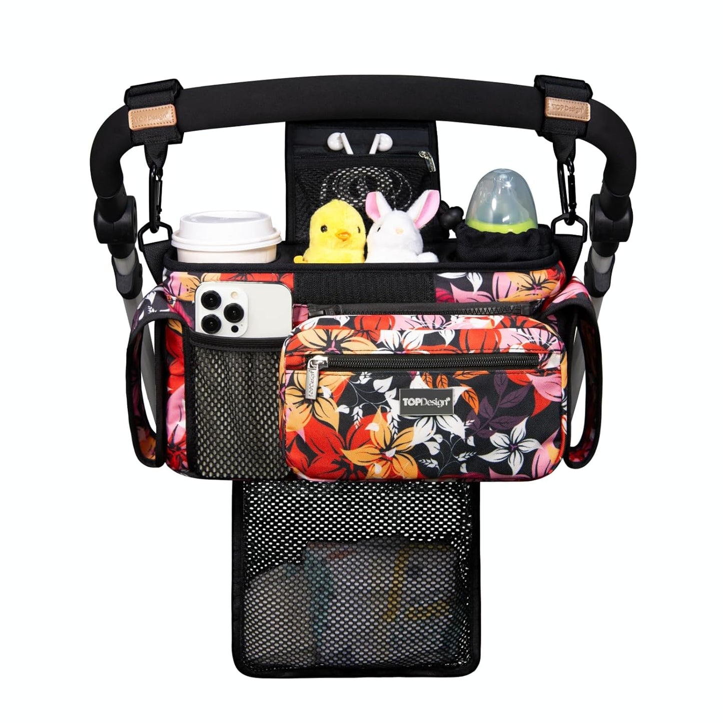 TOPDesign Universal Baby Stroller Organizer, Stroller Caddy with Detachable Mesh Bag & Heightened Insulated Cup Holders & Non-Slip Secure Hooks Accessories, Fits Most Strollers (Checkerboard) - Colors B