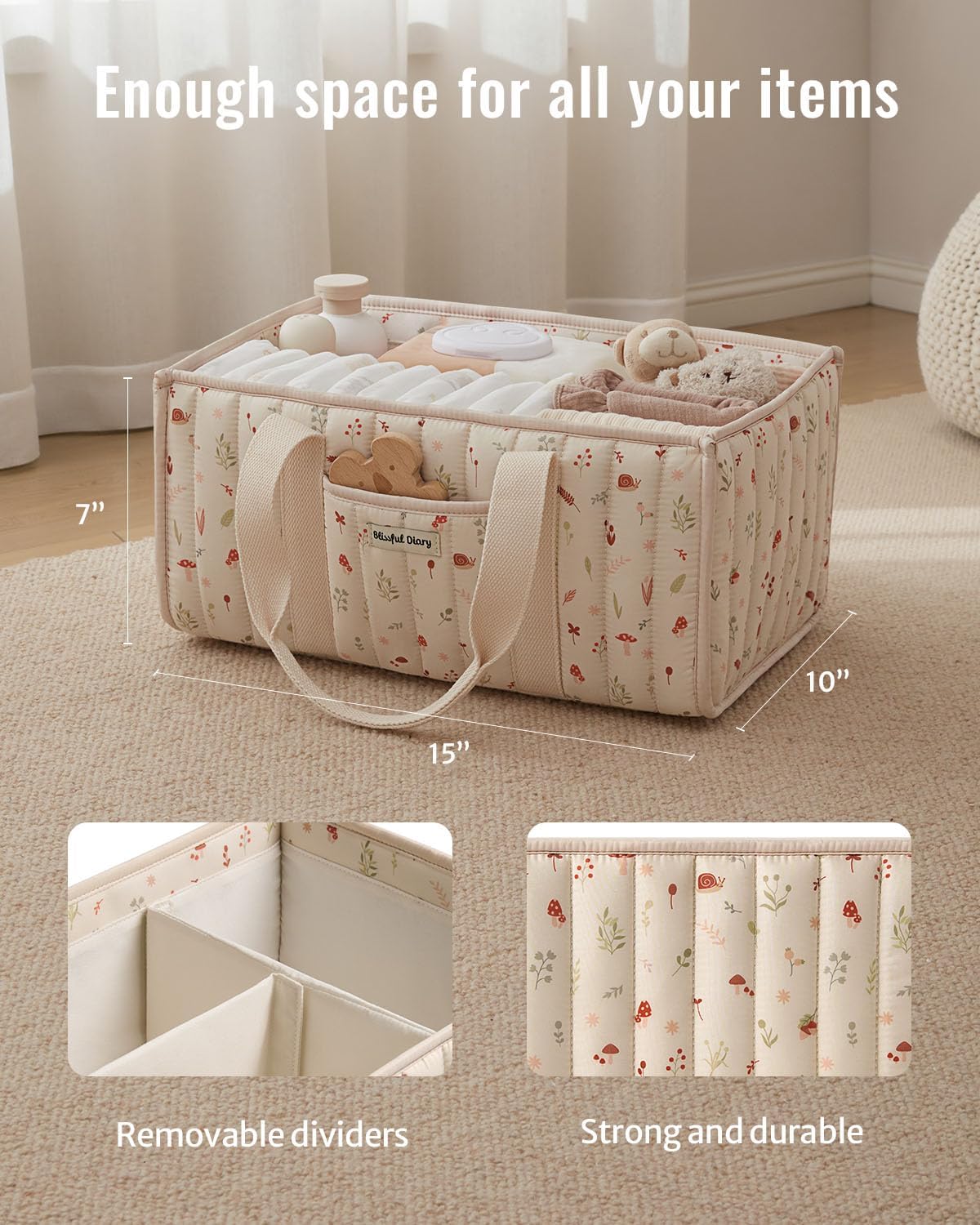 Blissful Diary Floral Diaper Caddy Organizer, Stylish Nursery Storage Basket, Gift for Baby Shower, Newborn Essentials, Floral Beige